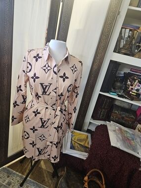 Cream And Brown Monogram Shirt Dress